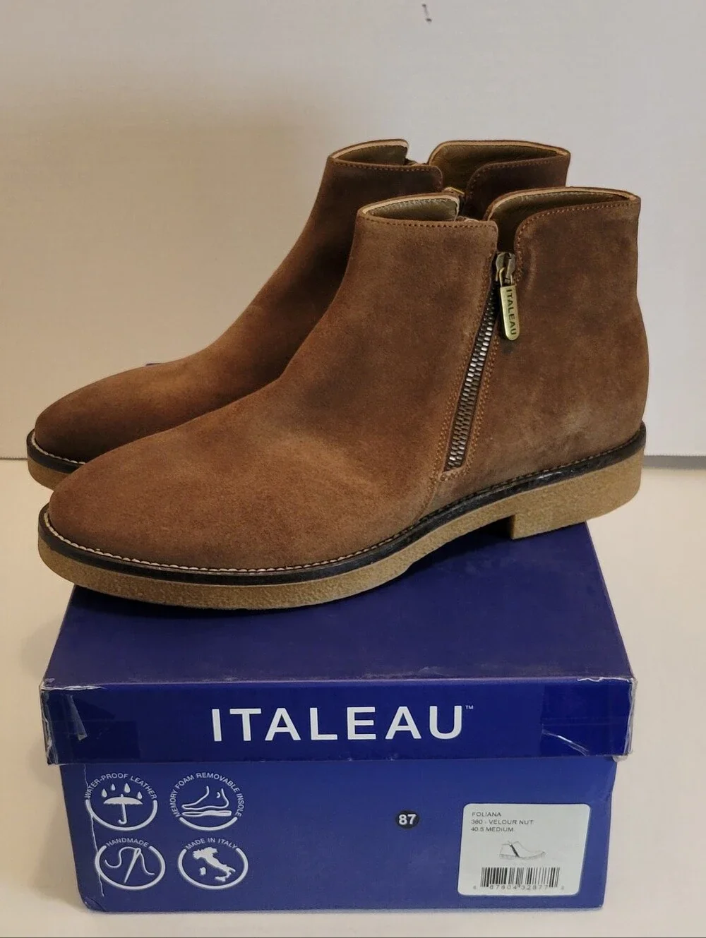 ITALEAU Foliana Waterproof Suede Ankle Boots Velour Nut EU 40.5 US 10 NIB Italy